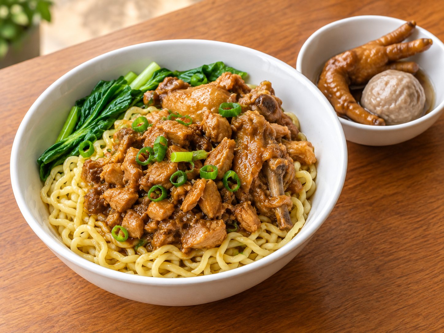 Mie ayam Jawa dengan ayam berbumbu, ceker, dan bakso